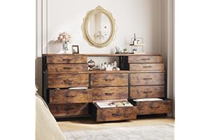 Romorgniz 55" W Dresser for Bedroom with Deep Fabric Drawers, Long Chests of Drawers with 2 Open Wooden Shelves, Large Vanity Dressers for Dorm, Entryway, Rustic Brown, 55.1" W x 35.4" H x 11.4" D