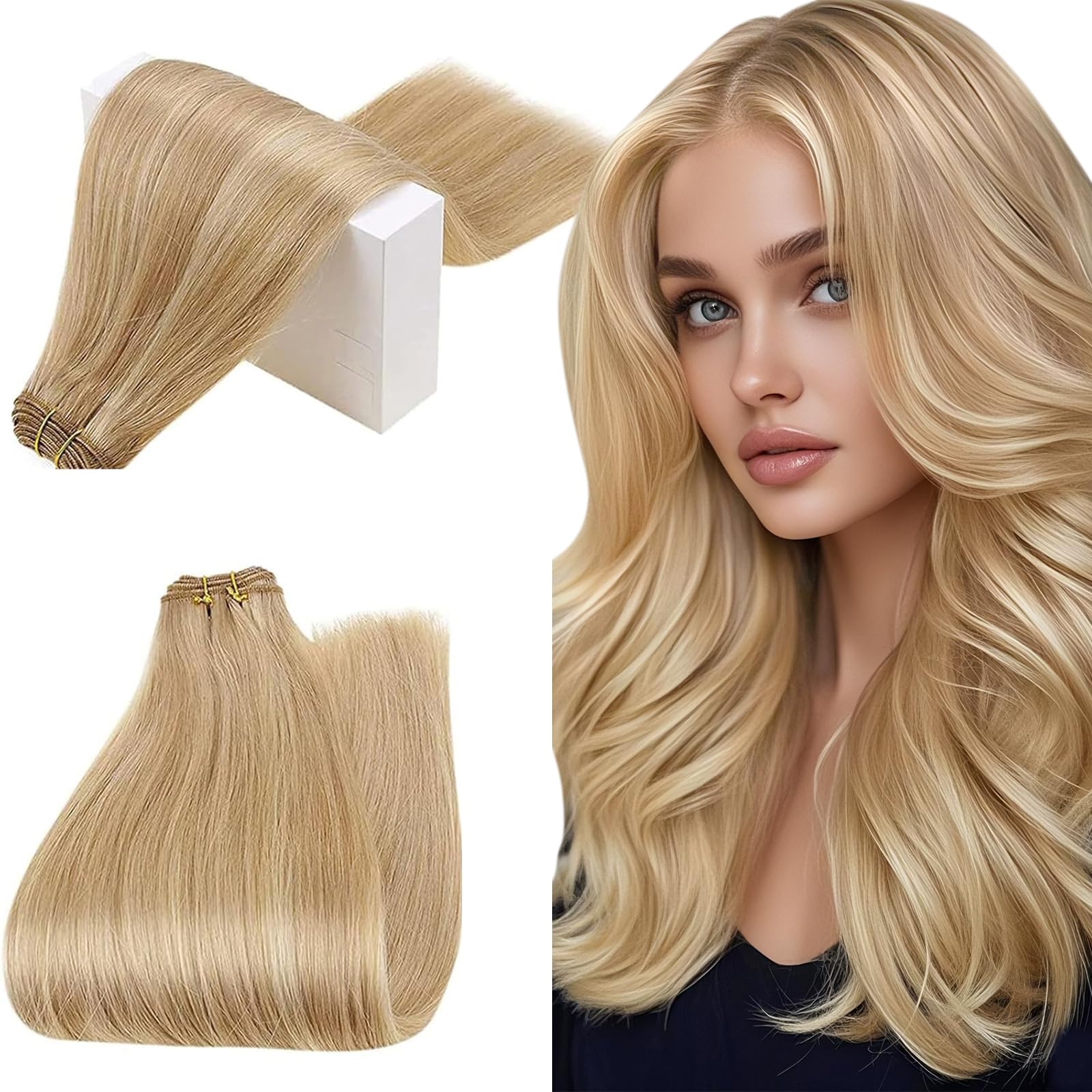 RUNATURE Human Hair Weft 20 Inch Double Weft Hair Extensions Real Human Hair Honey Blonde with Medium Blonde Sew in Hair Extensions 100G/Pack #P16/24