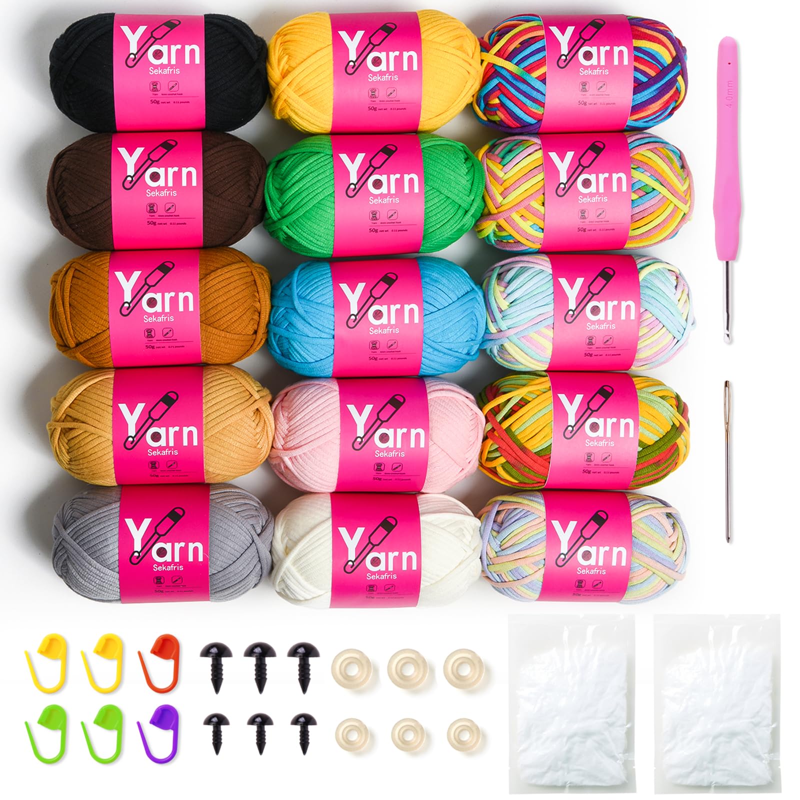 Photo 1 of 15 Pack Crochet Yarn Beginner - Black, White, Orange, Red, Green, Rainbow, Pink, Yellow Cotton Chunky Yarn - with Easy-to-See Stitches for Crocheting (15 * 50g)