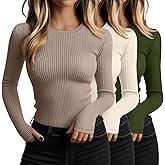 Huukeay 3 Pack Women's Cotton Ribbed Long Sleeve Tops with Thumb Holes, Crew Neck Undershirt Slim Fit Stretchy Layering Shirt