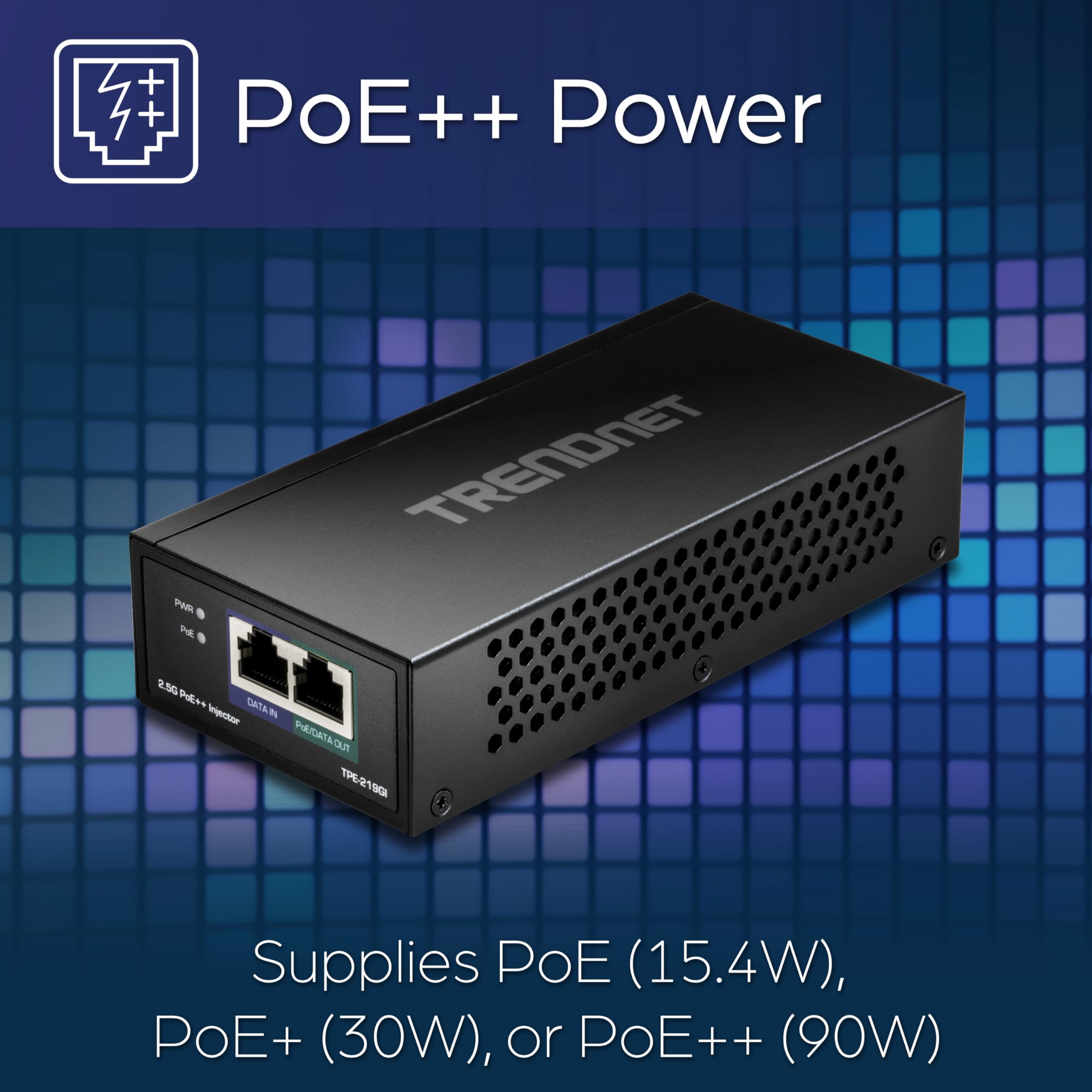 TRENDnet 2.5G PoE++ Injector, TPE-219GI, 90W PoE++, 30W PoE+, 15.4W PoE, IEEE 802.3 bt /802.3at/802.3af Compliant, Metal Housing, Up to 100m (328 ft.), Black