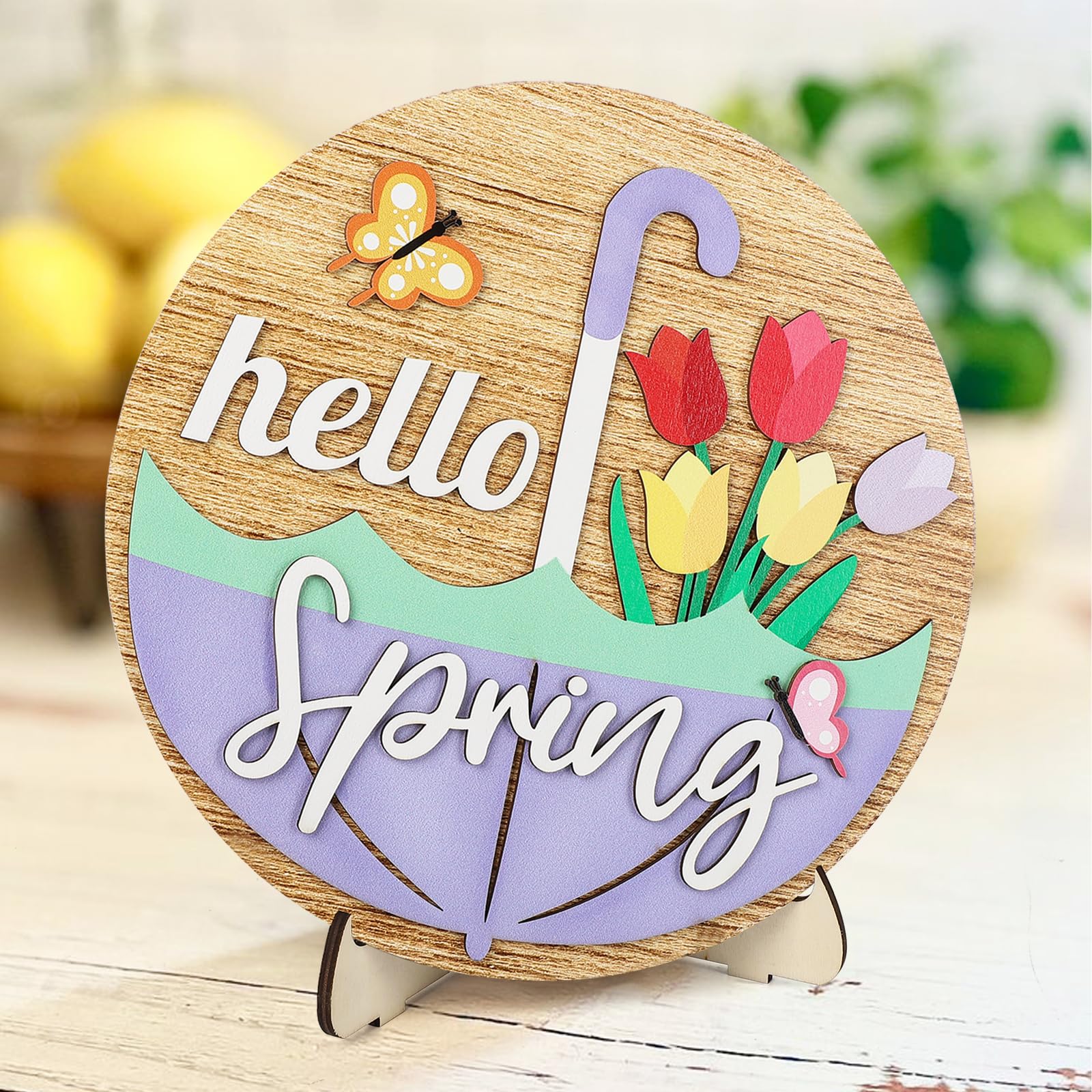 Photo 1 of Hello Spring Wooden Table Sign, Spring Table Decor Wood Round Shape 3 Layers Design, Farmhouse Rustic Spring Desk Top Centerpiece with Stand for Mantel Home Decorative (10 * 10 inches)