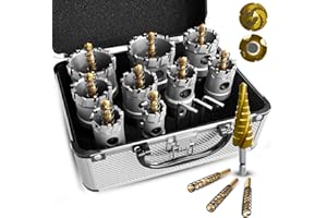METOTY 18 Sizes Carbide Hole Saw Kit for Metal – Heavy Duty TCT Hole Cutter Drill Bits Set with Titanium Pilot & L-Wrench, Includes (1/4''-3/4'') 9 Sizes Four Spiral Flute Step Drill Bit