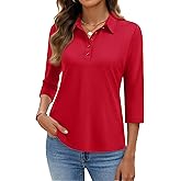 YUCOLEN Polo Shirts for Women 3/4 Sleeve Tops Golf Tees 5-Button Collared Cotton Shirt Business Casual