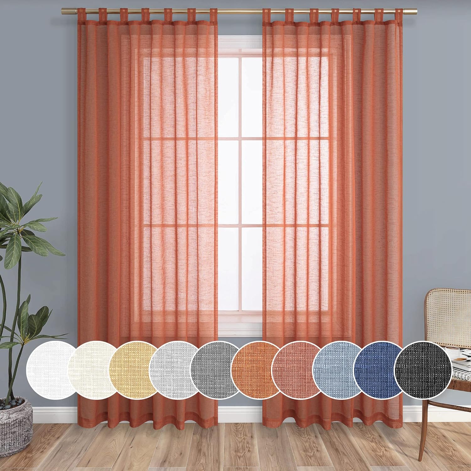 Outdoor Curtains - KOUFALL Terracotta Sheer Curtains 108 Inches Long for Patio Sliding Glass Door Pair Set Tab Top Elegant Modern Linen Like Light Filtering Drapes for Living Room French Windows 52x108 Inch Length Rust