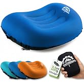 Gear Doctors 3.5oz Ultralight Inflatable Camping Pillow Backpacking, Blue | Compact Soda-Can Size, Hexagon Fabric, Ergonomic Design, Easy 3 Breath Inflation, Anti-Slip Strap, Neck &amp; Lumbar Support