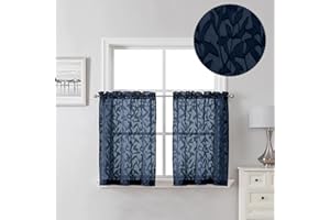 Lecloud Leia Navy Blue Sheer Cafe Curtains 24 Inch Length 2 Pieces, Jacquard Clip Textured Leaf Semi Voile Curtain Valances for Windows, Dual Rod Pockets Living Room/Bedroom/Kitchen Tiers, 38W x 24L