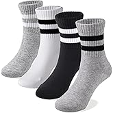 COTTON DAY Unisex School Kids Boys Girls Soft Cotton Black White Gray Navy Khaki Athletic Socks with Retro Stripes