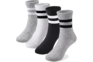 COTTON DAY Unisex School Kids Boys Girls Soft Cotton Black White Gray Navy Khaki Athletic Socks with Retro Stripes