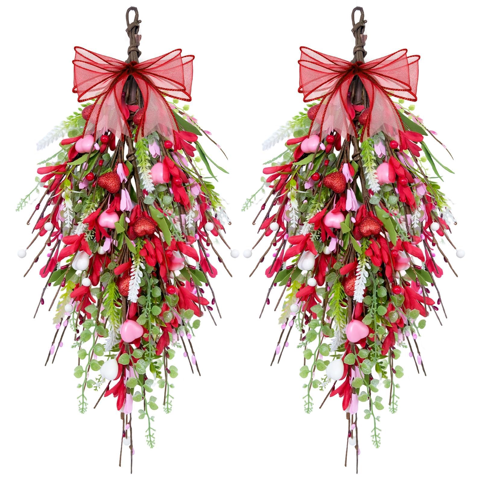 Photo 1 of 2 Pack 20'' Valentines Day Swag Wreaths for Front Door Valentines Teardrop Wreath Artificial Red Pink Heart Shaped Berries Hanger with Ribbon Gift Farmhouse Hanging Decor for Outdoor Window Wall (2)