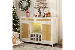 FTZxHKLX 51.2'' Rattan Coffee Bar Cabinet with Drawers and Storage, Boho Sideboard Buffet Cabinet with LED Lights, Wine Liquor Cabinet with Glass Holder and Wine Cellar for Dining Living Room, White