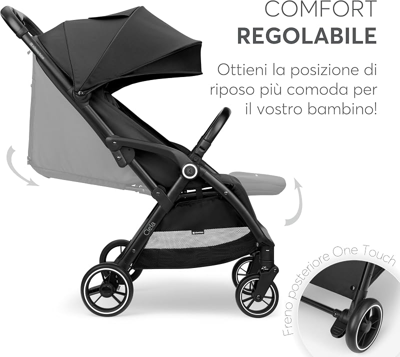 KikkaBoo Passeggino Leggero fino a 22 kg CIELA, Piegatura Automatica, Schienale Reclinabile, da Viaggio, Misura Bagaglio a Mano, Nero