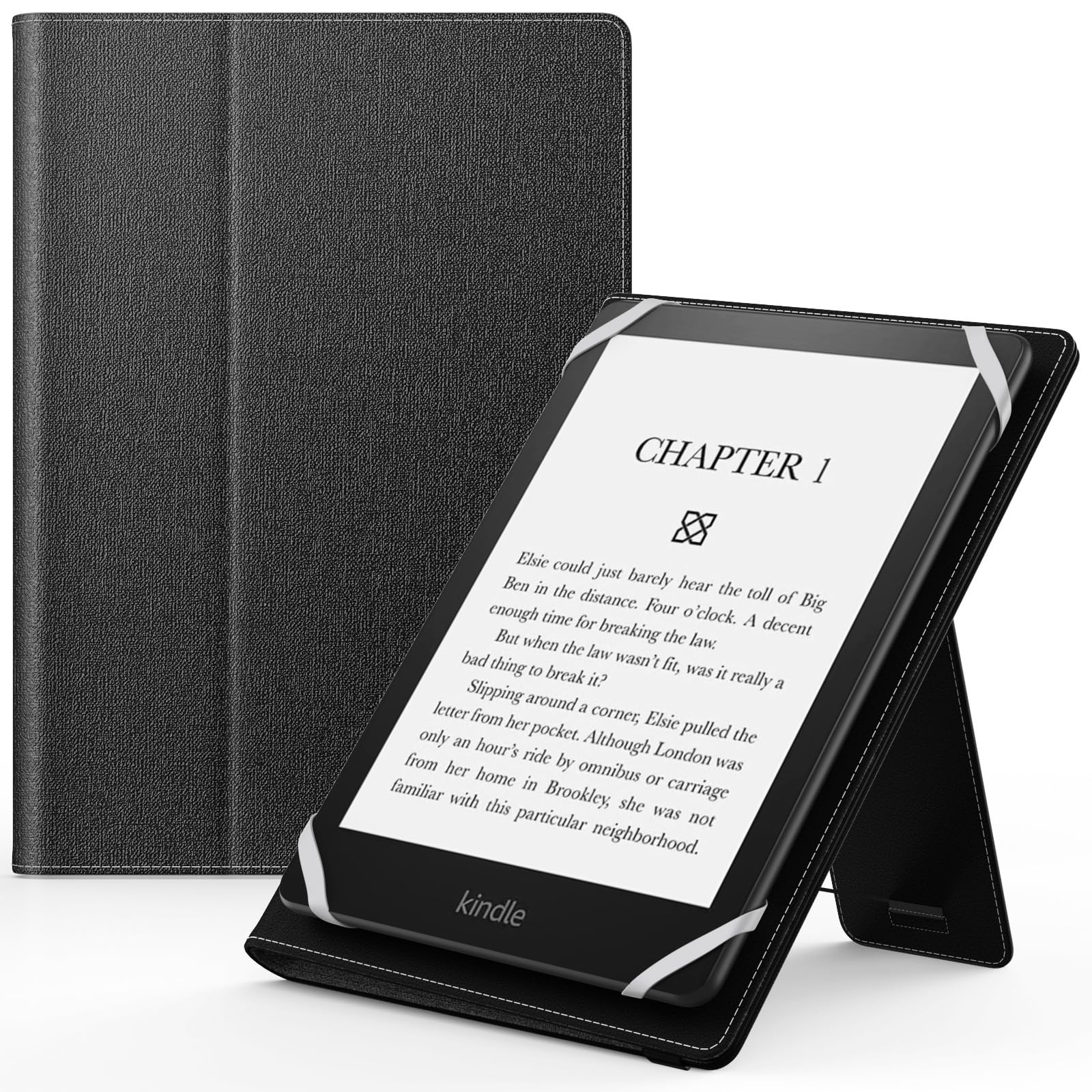 MoKo Universal Case for 6",7" Kindle eReaders Fire Tablet, Lightweight PU Leather Folio Shell Cover Case, with Hand Strap/Kickstand, Black — image 1