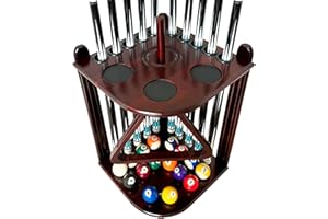 GACCO BILLIARDS Corner Pool Cue Holder Rack Hold 10 Cue Sticks & Billiard Table Accessories. Pool Stick Holder Made of 100% Solid Hardwood with Cone Chalk Holder (Mahogany)