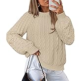 MEROKEETY Women's Fall Cable Knit Sweater 2025 Fashion Warm Crew Neck Lantern Sleeve Chunky Winter Pullover Tops