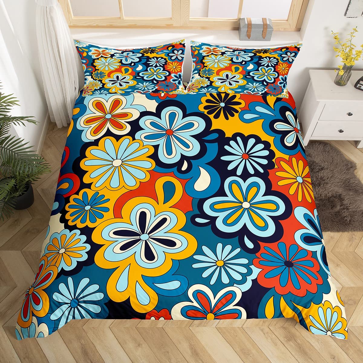 Homewish Groovy Flower Duvet Cover For Girls Women,Colorful Funky 60S 70S Flower Bedding Set King Retro Boho Daisy Doodle Comforter Cover Vintage Rustic Floral Bed Set With 2 Pillowcase — image 1