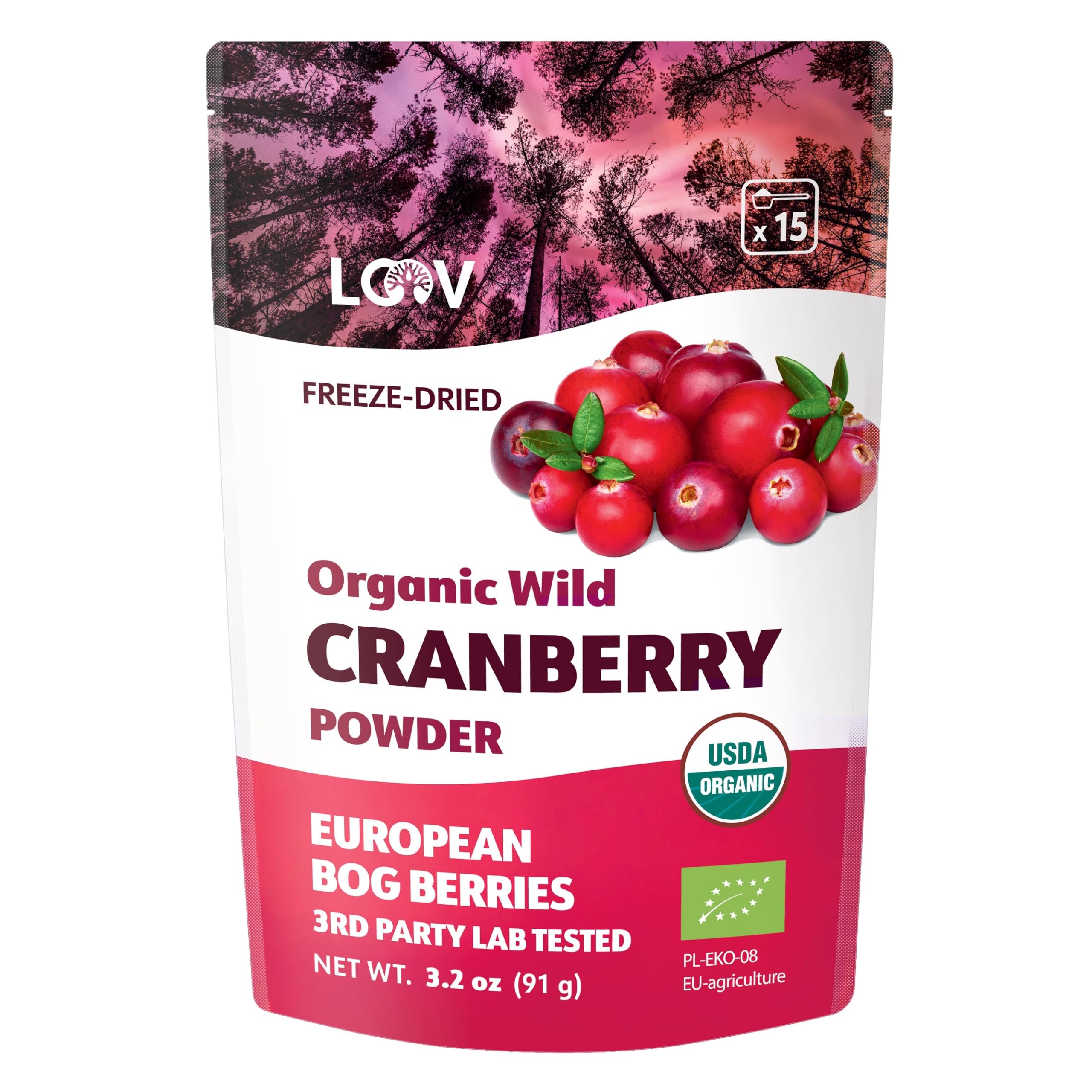 LOOV Organic Wild Cranberry Powder, 100% Whole Organic Cranberry Fruit, Freeze Dried and Powdered Wild Nordic Unsweetened Cranberries, 91 g No Added Sugar — image 1