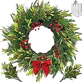 24 Inch Winter Greenery Wreath for Front Door – Artificial Pine & Red Berry Wreath with Removable Branches and Red Bow, Includes Storage Bag, Farmhouse Seasonal Door Decor for Home Wall or Porch