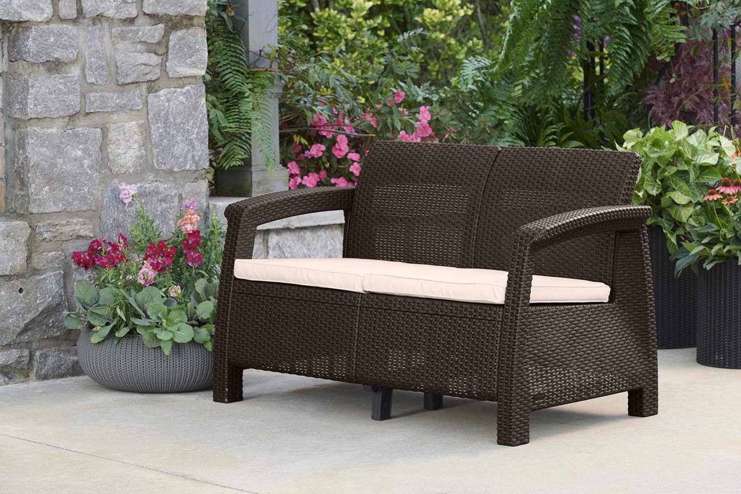 Keter Corfu Resin Wicker Outdoor Loveseat Patio Couch with Washable Cushions - Perfect for Balcony, Deck, and Poolside Seating and Furniture Sets, Brown : Patio Loveseats : Garden & Outdoor