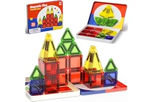 WMXDU Mini Magnetic Tiles with Iron Case, Magnetic Building Toys Kid's Travel Essential Portable Creativity On-The-Go Magnet Blocks STEM Travel Toys for Toddler Boys Girls Ages 3+, 26-Piece