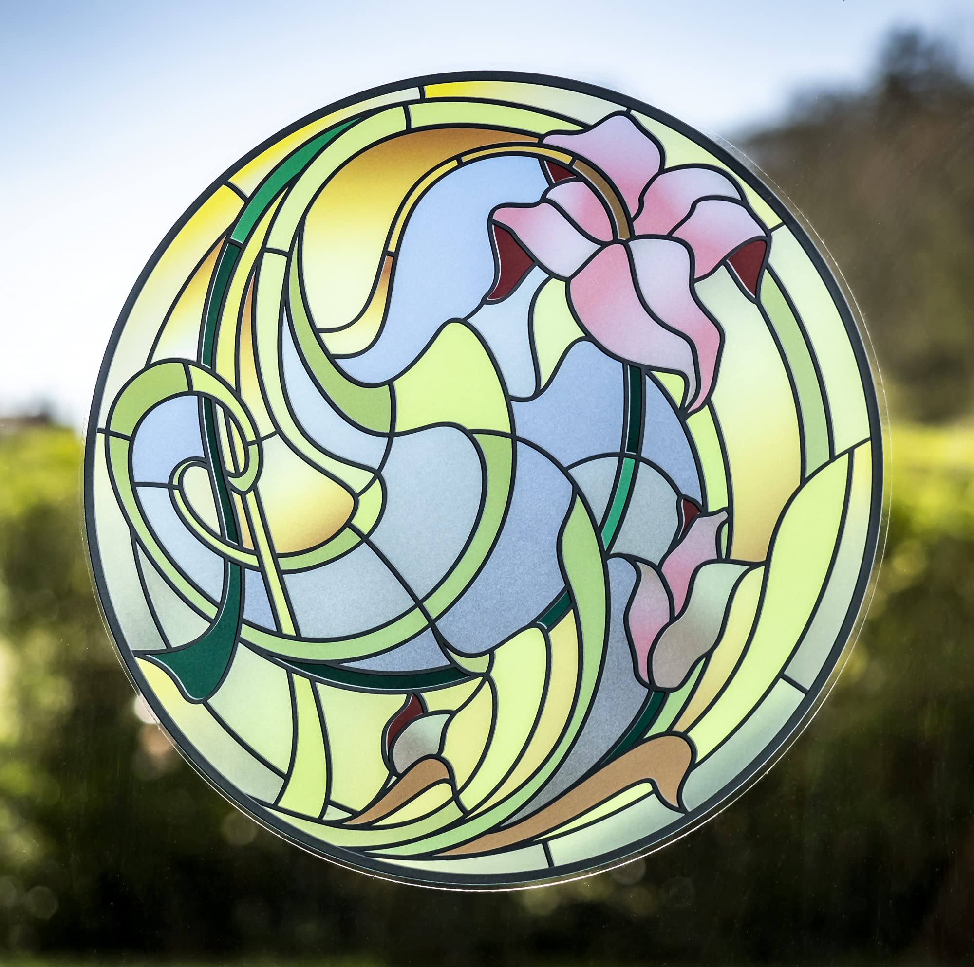 Large Stained Glass Effect Window Sticker - Beautiful Decorative Stained Glass Lily Flower Suncatcher to fix to Windows