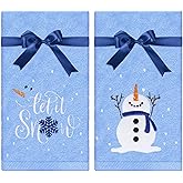 JarThenaAMCS 2 Pack Winter Hand Towel Cotton Embroidered Snowman Snowflake Bathroom Towel Blue Dish Towels with Ribbon for Christmas Drying Cleaning Cooking, 29.5 x 13.7 Inch