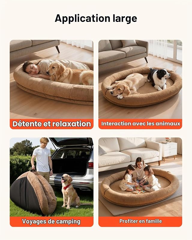 Lit pour Chien Humain 177x123x24 cm Panier Géant pour Chien en Mousse à Mémoire de Forme Orthopédique avec Poche Latérale, Poignée, Fermeture Éclair, Housse Amovible, Lavable en Machine, Marron