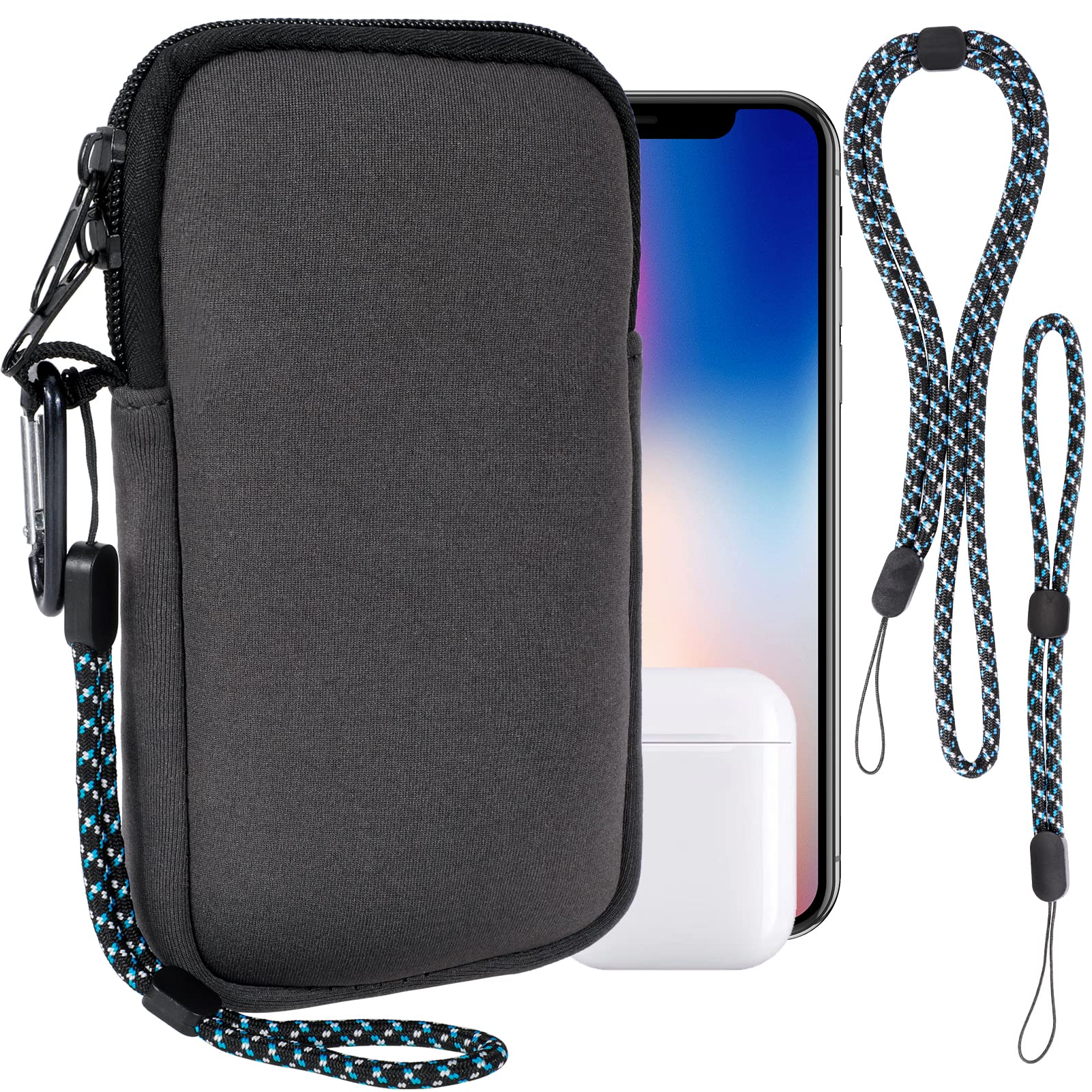 Pwsap Phone Sock, Universal Shock & Impact Resistant Neoprene Pouch with Carabiner and Lanyard Strap Sleeve Case for Hiking & Travelling Phone Bag Fits Phones up to 7 Inches, Gray, M
