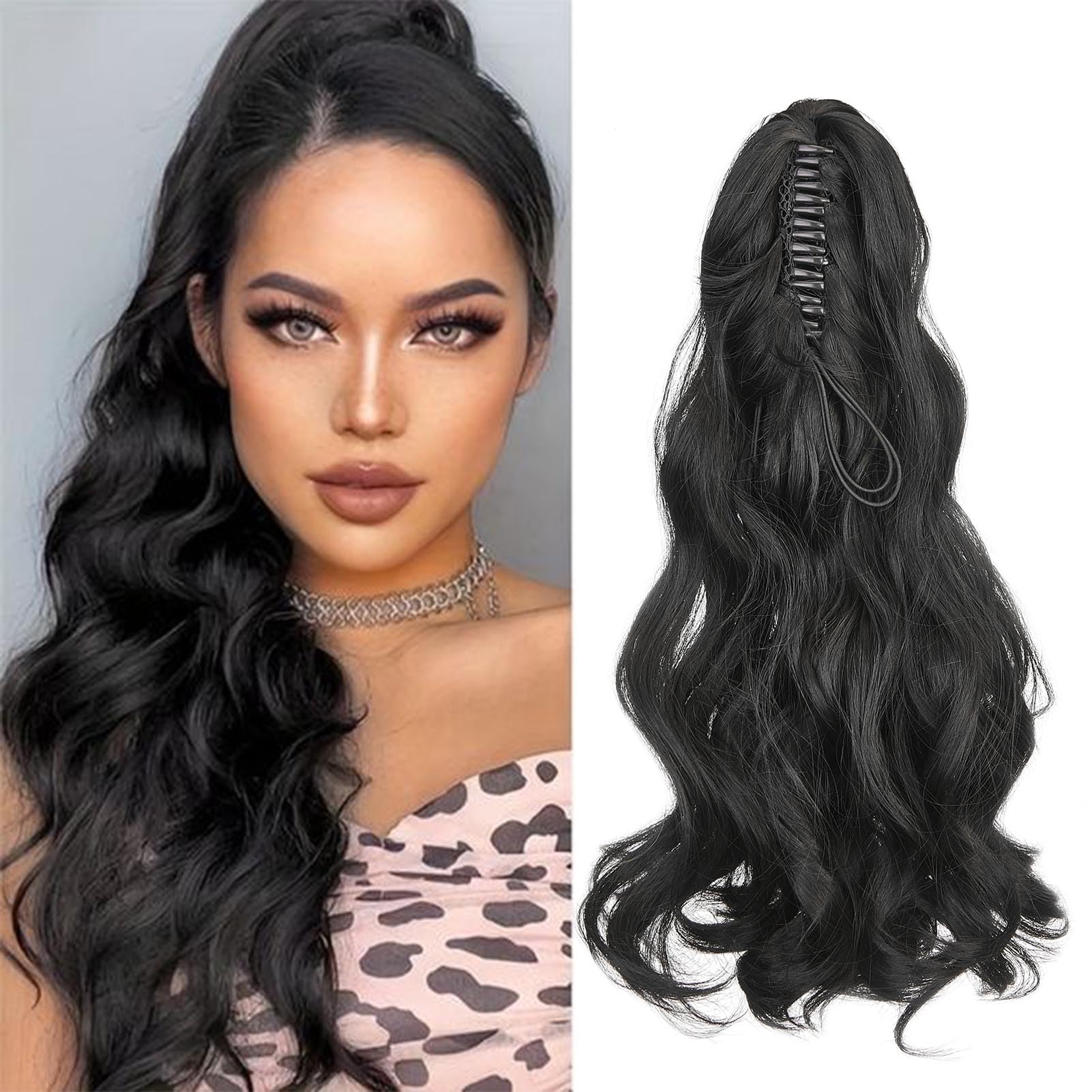 Cybelleza Ponytail Extension Curly Wavy Claw Jaw Pony Tail 18" One Piece Clip in Hair Extensions Ponytail Hairpiece Synthetic Long Natural for Women, Black