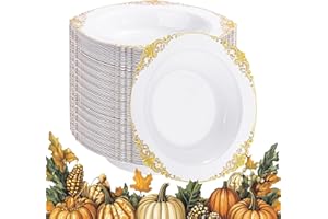 Joyido 100PCS Gold Plastic Bowls - 12 oz White Disposable Salad Bowls - Heavy Duty Soup Serving Bowl - Fancy Plastic Ice Cream Bowl for Christmas,Thanksgiving Parties, Dinners, Catering, Picnics