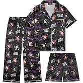 Get Trend KPop Demon Hunters Girls Pajamas Officially Licensed 3-Piece Huntrix PJs Set with Pants &amp; Shorts, Satin Nightwear