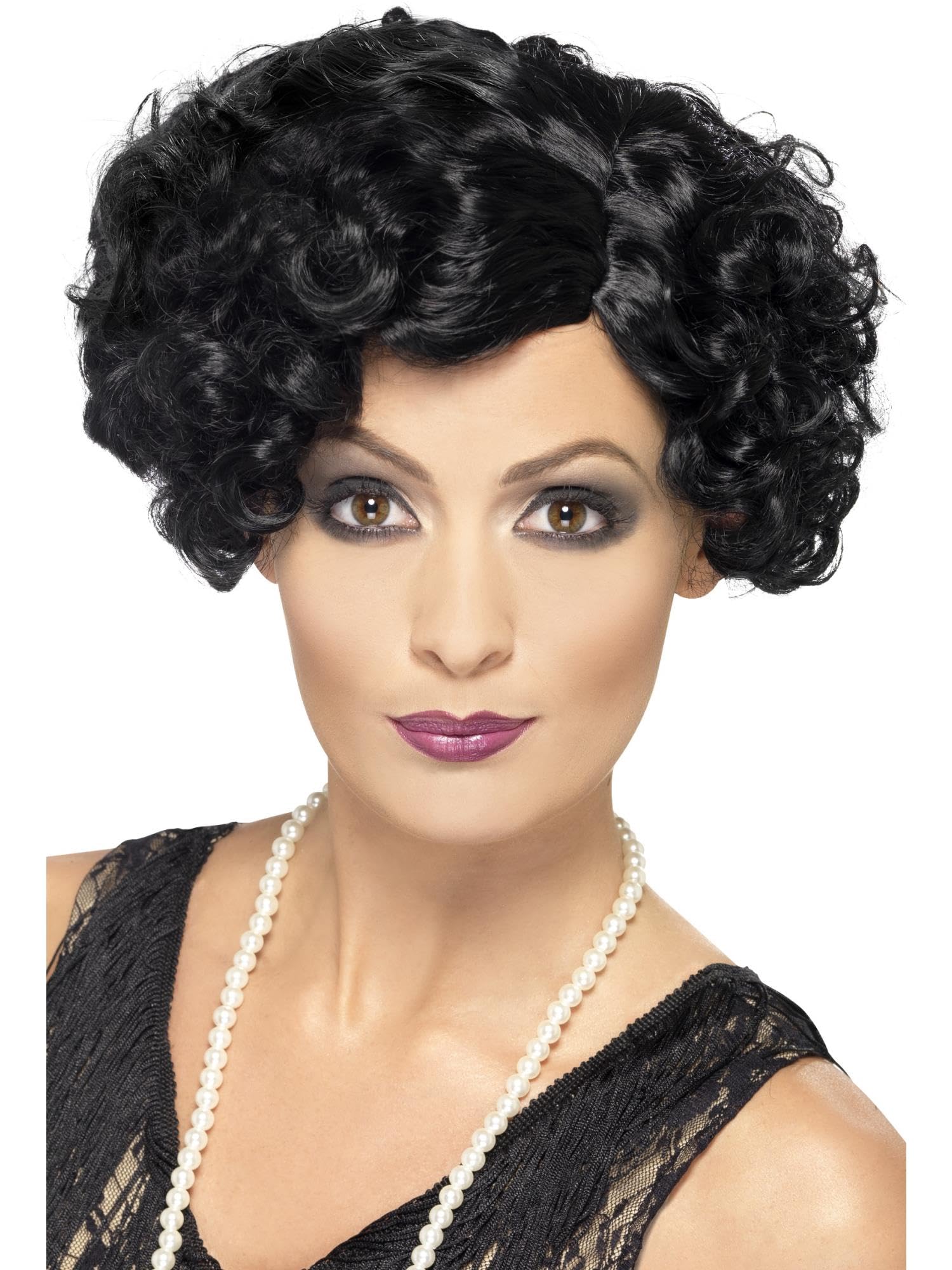 Smiffys 20s Flirty Flapper Wig, Black Short and Wavy, 1920's Razzle Fancy Dress, 1920s Dress Up Wigs Halloween