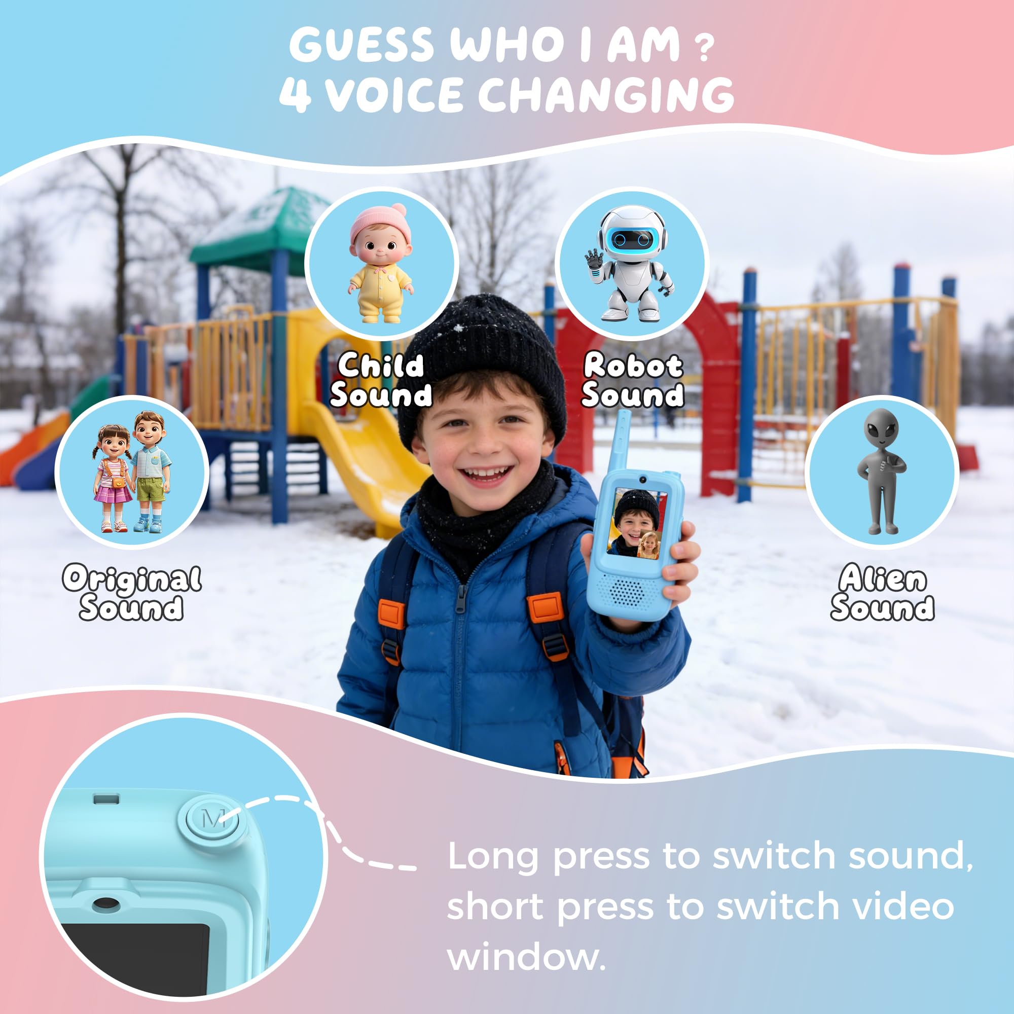 Video Walkie Talkies for Kids, 2 Pack Rechargeable Walkie Talkies with Screen, Long Range 2 Way Radio with 4 Voice Effects, Christmas Birthday Gifts for Age 3-12 Boys Girls Indoor/Outdoor/Camping