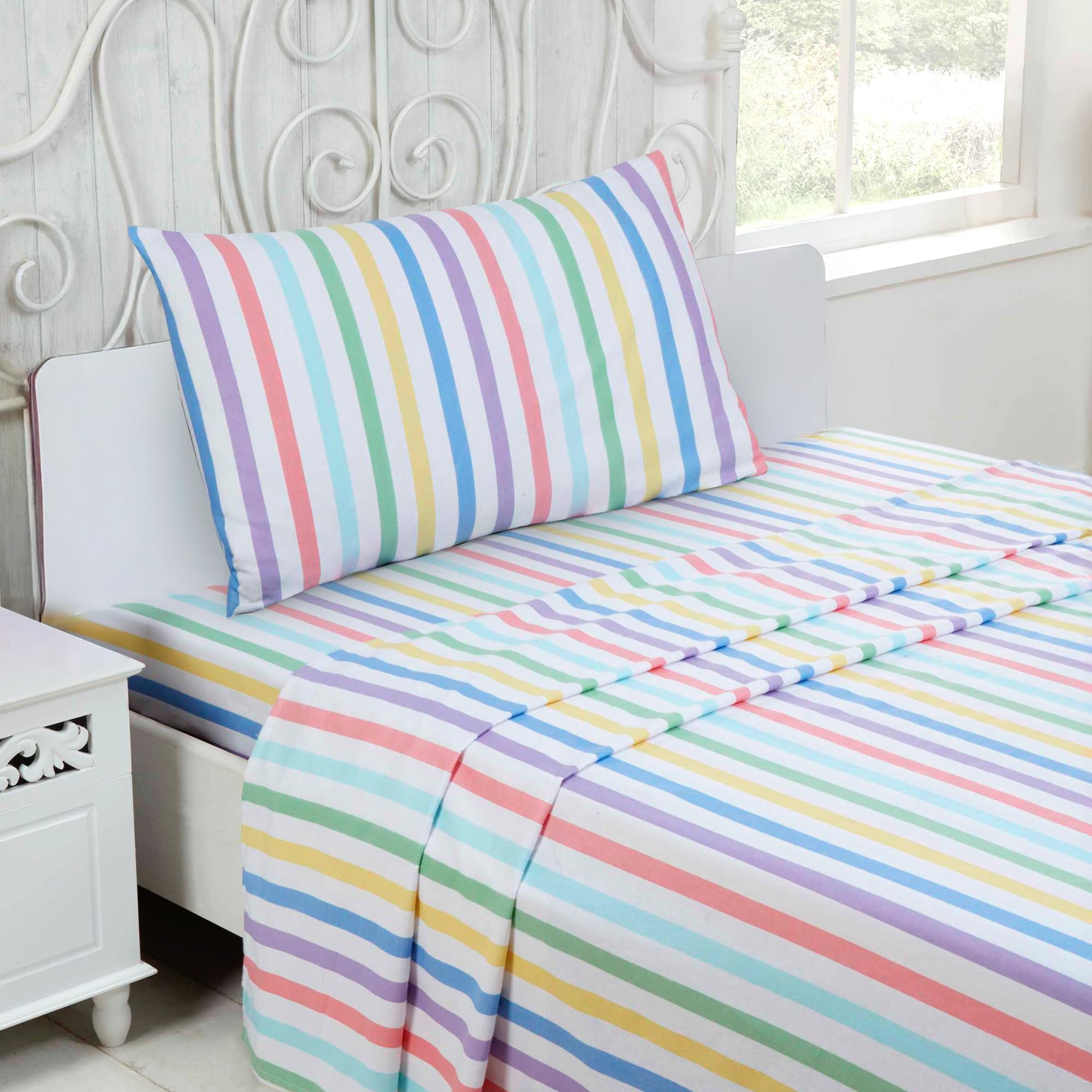 Rapport Home 100% Brushed Cotton Single Bed Sheet Set - Cosy Candy Stripe Flannelette Feel, Warm & Soft Bedding with Fitted, Flat Sheet & Pillowcase
