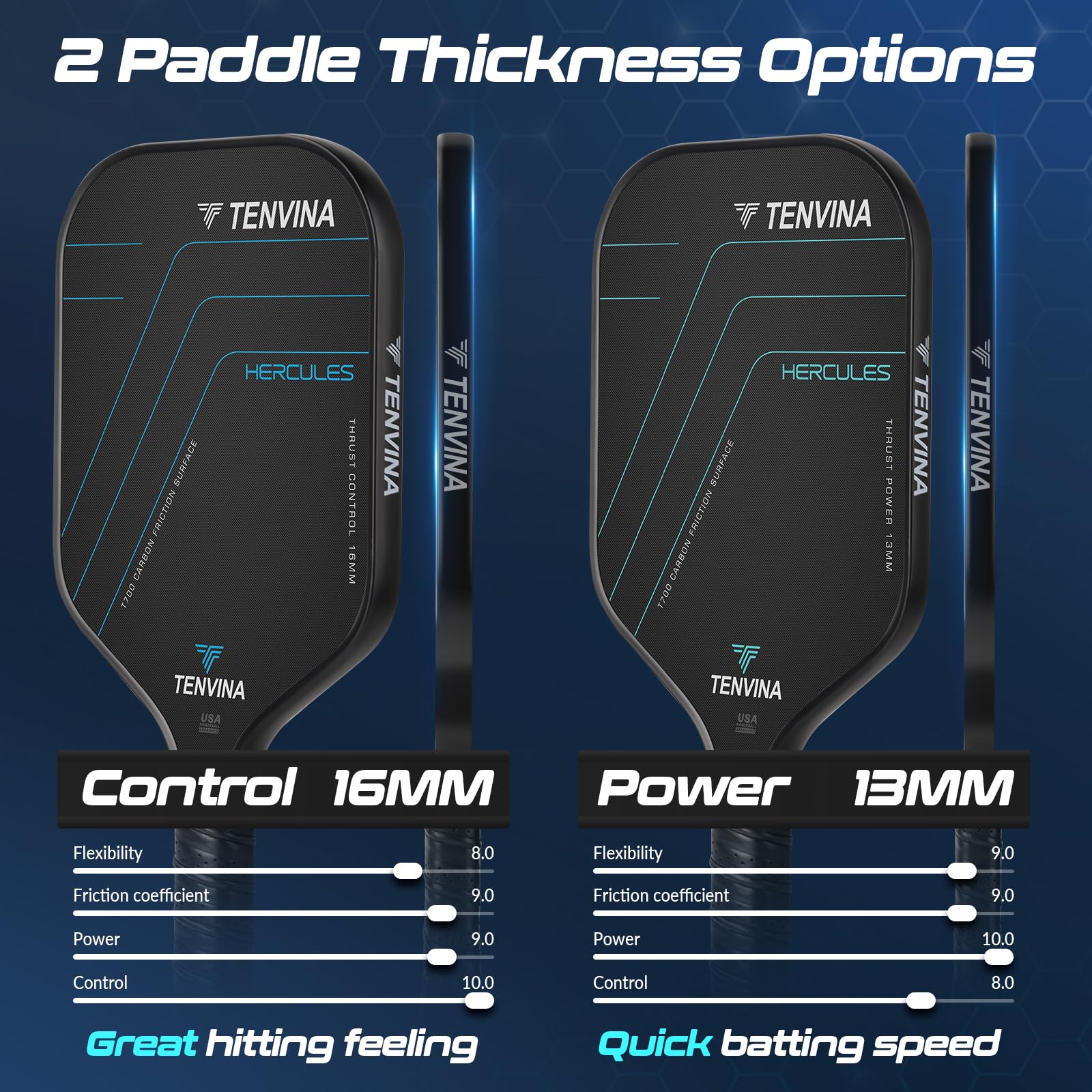 TENVINA Pickleball Paddles, Multi-Layer T700SC Textured Carbon Fiber Pickleball Paddle, 4-Types of Thicknesses and Shapes, USAPA Approved Pickle Ball Paddle, Strong Power and Spin Surface