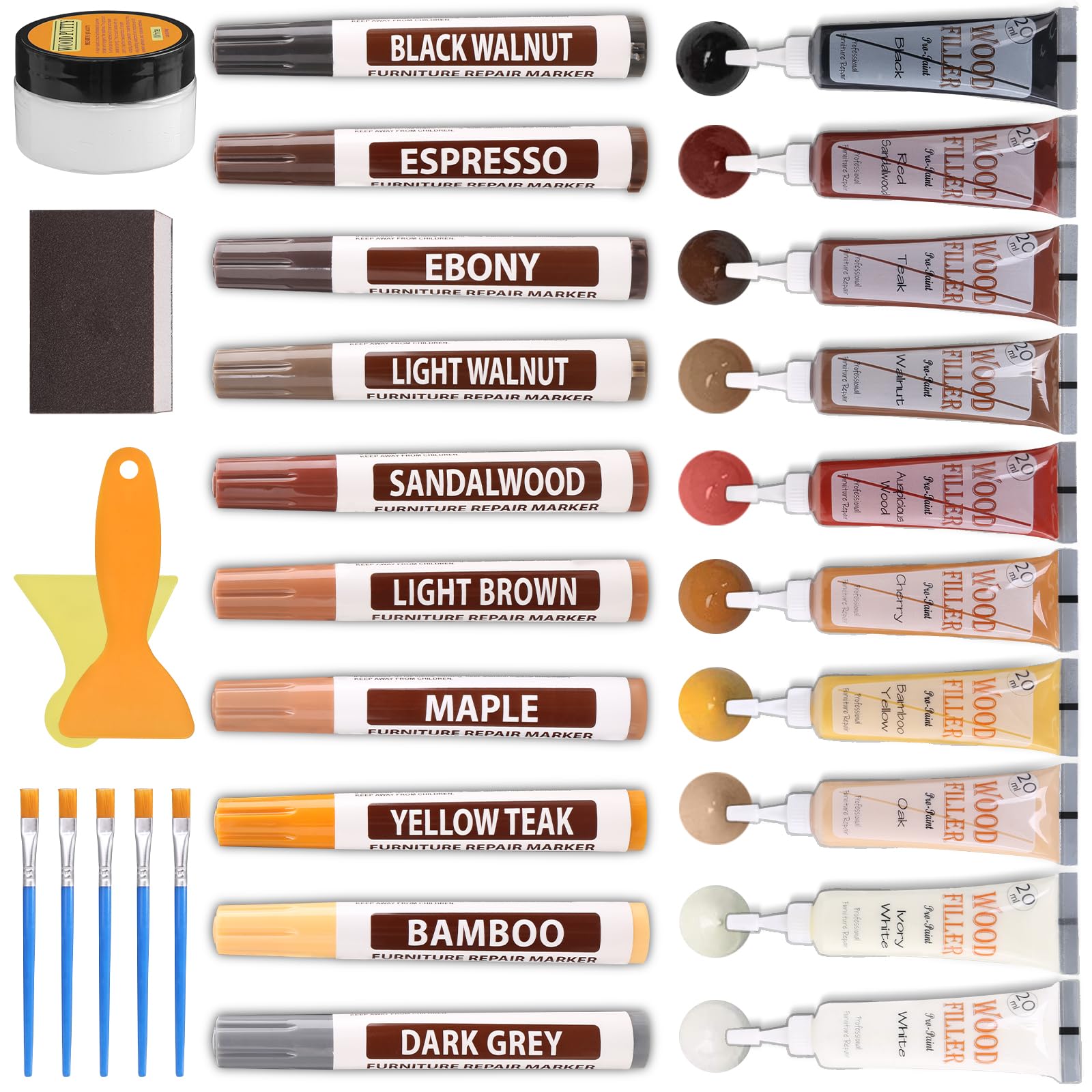 Repair Kit Laminate, Wood Putty Wood Filler Wood Marker Furniture Repair Set, Wax Pens, Wood Parquet Repair Kit for Scratches, Cracks, Stains, Nail Holes, Holes, Worktop, Bed Posts, Door