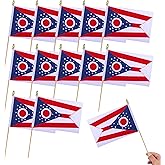 HSQCEZ 12Pcs Small American US Ohio Flags on Wooden Stick Mini USA Ohio State Flag Hand Held Flag Decorations,5x8 Inch