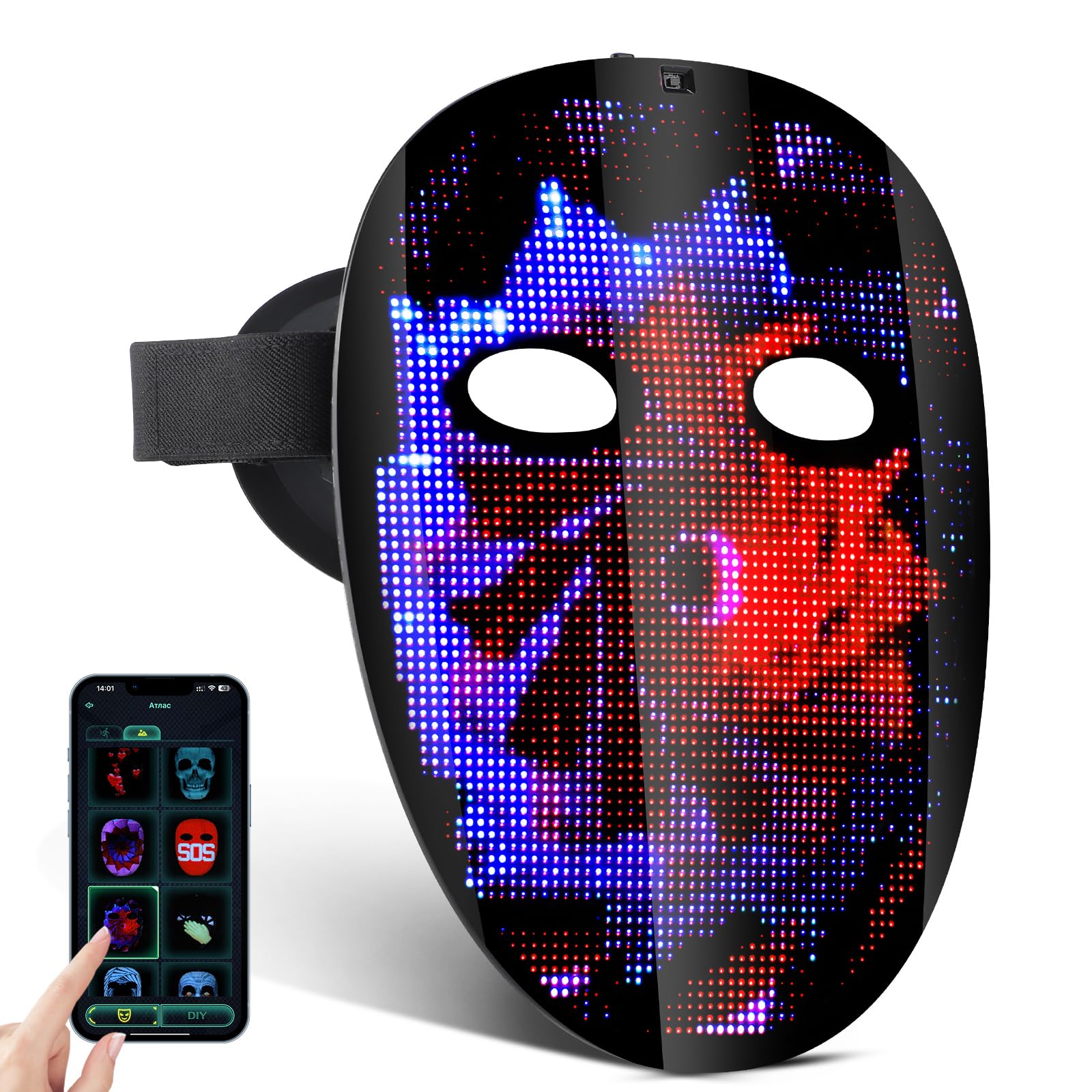 LED Light Up Face Mask, Upgraded LED Mask with Gesture Sensing Face Transforming Modes, 3600 LED Lamp Beads Shining Mask Support APP Control for iOS Android, Suitable for Costume Cosplay Halloween — image 1