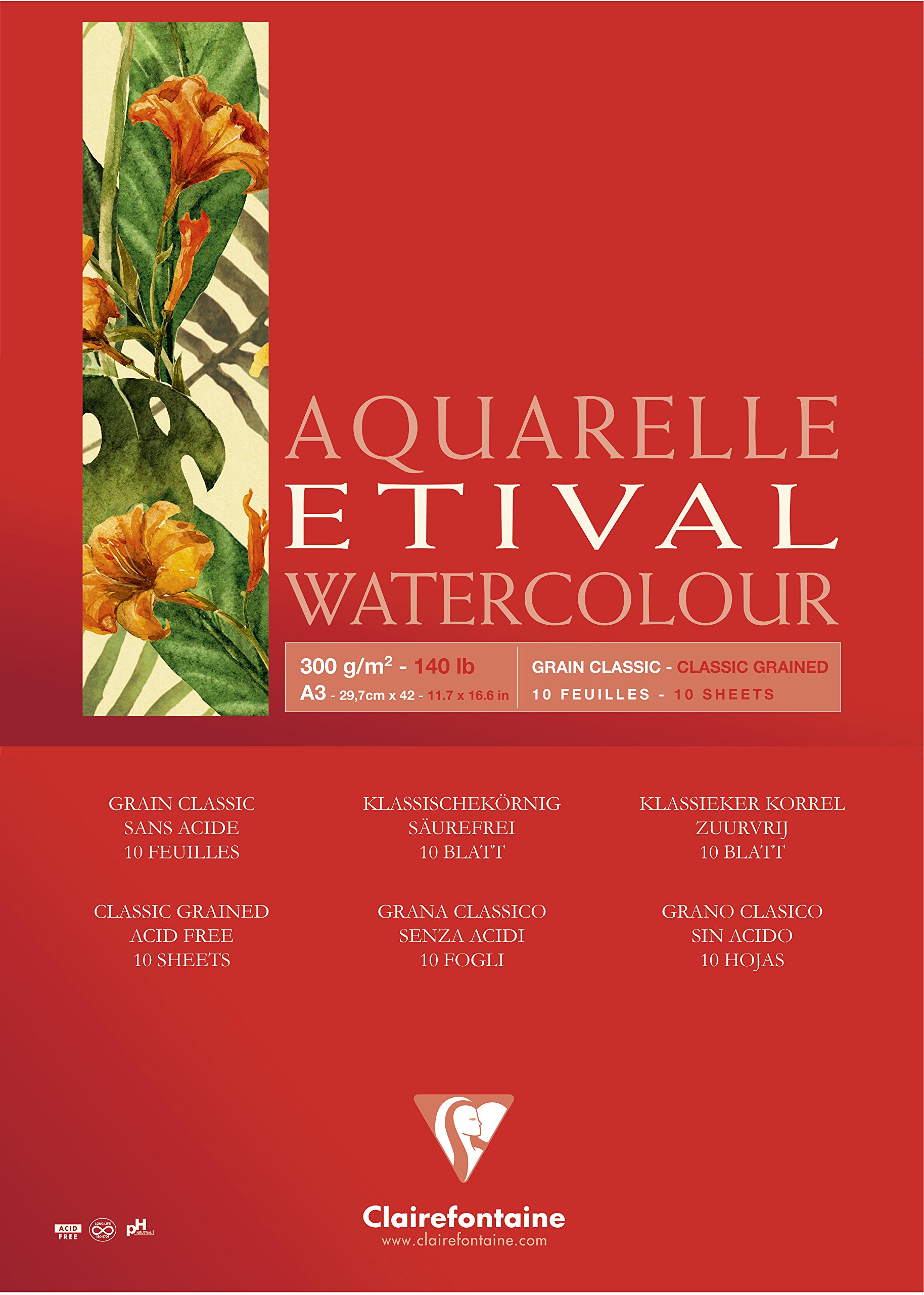 Clairefontaine - Ref 96393C - Etival Classic Grained Glued Watercolour Painting & Drawing Pad (10 Sheets of Paper) - A3 (42 x 29.7cm) - 300gsm Cellulose Art Paper