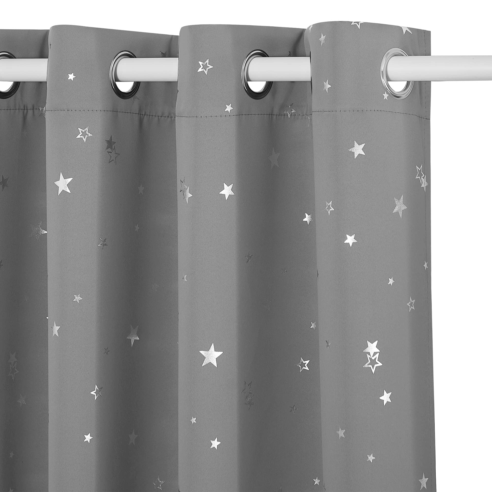 PONY DANCE Silver Grey Thermal Curtains 63 Inch Drop - Kids Curtains with Eyelet Foil Printed Pattern Blackout Curtains Noise Reducing for Girls Boys Bedroom, 52 Inch Wide, 2 Panels
