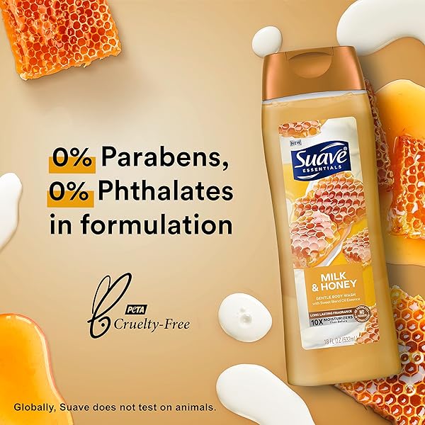 SUAVE ESSENTIALS GENTLE BODY WASH, WITH A SWEET OIL BLEND ESSENCE, MILK & HONEY INFUSED WITH VITAMIN E & HONEY EXTRACT 18 OZ