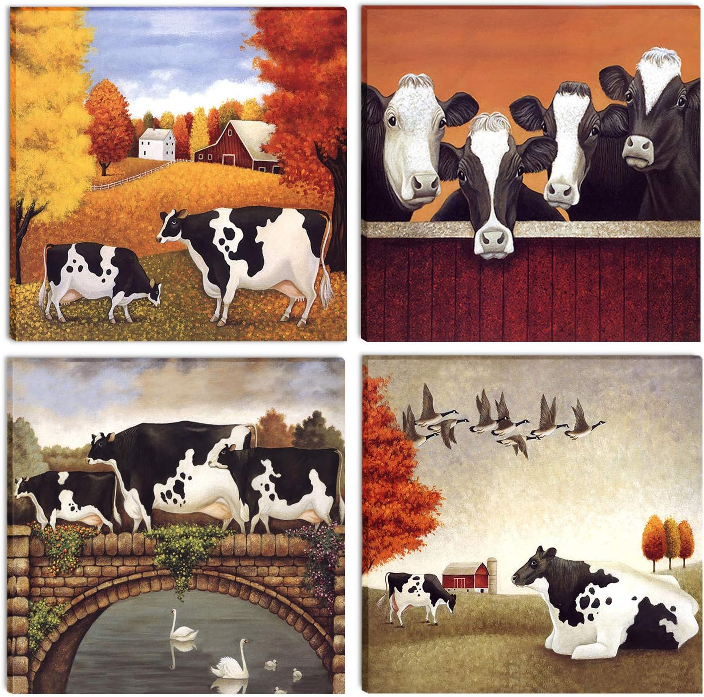 D8 Dairy Cow Canvas Wall Art Modern Red Farm Home Decor for