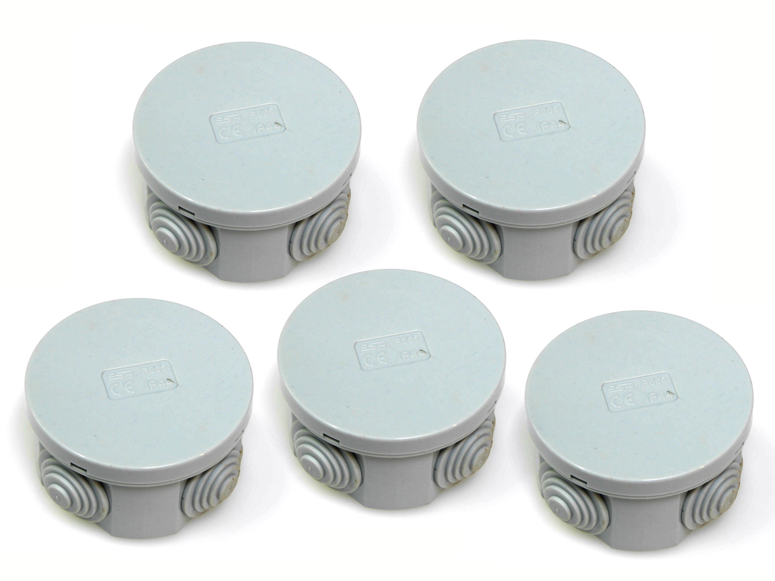 5x IP44 junction box with rubber grommets and snap on lid 65 x 35mm round lighting terminal cable connection adaptable enclosure case