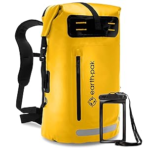 Earth Pak Waterproof Backpack: 35L / 55L Heavy Duty Roll-Top Closure with Easy Access Front-Zippered Pocket and Cushioned Padded Back Panel for Comfort; IPX8 Waterproof Phone Case Included