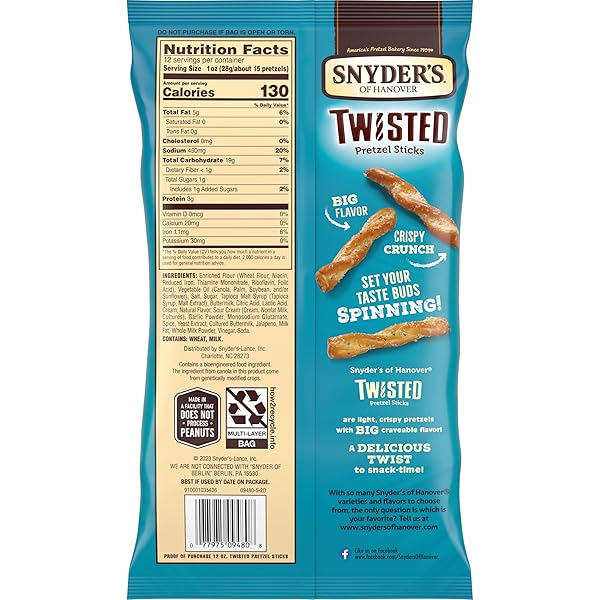 SNYDER’S OF HANOVER JALAPEÑO RANCH FLAVORED TWISTED PRETZEL STICKS, 12 OZ BAG