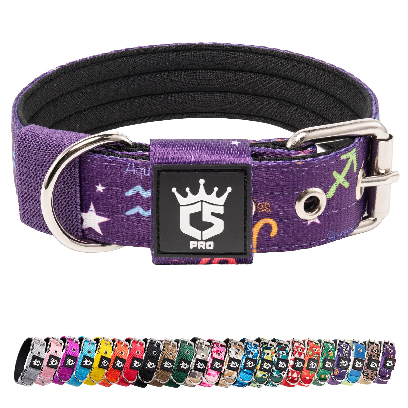 TSPRO Heavy Duty Tactical Dog Collar 1.25" Wide, Padded Dog Collar with Metal Buckle, Adjustable for Walking Training Outdoor for Small Dogs (Constellation Purple, S)