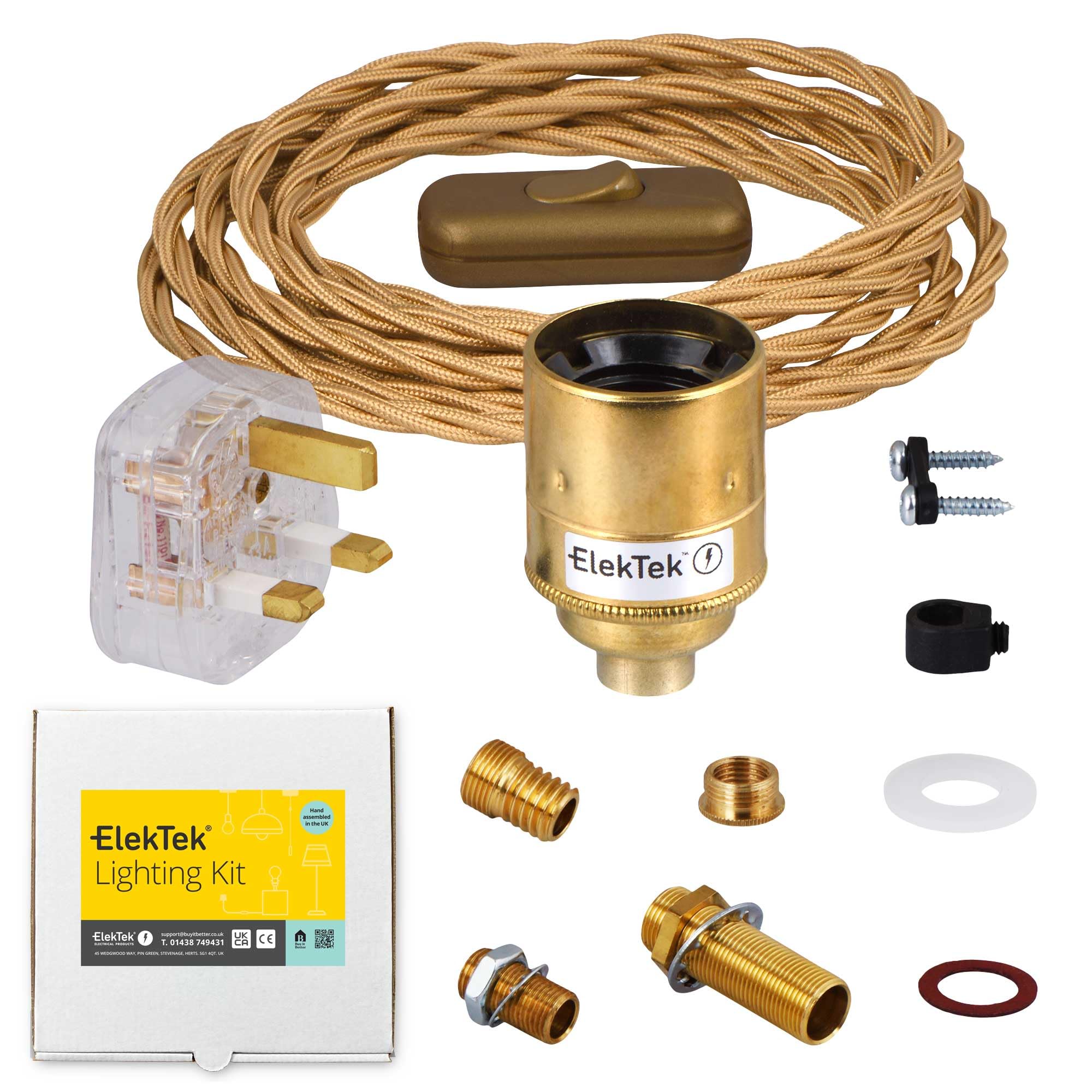 ElekTek UK E27 Lamp Refurbishment Fixing Kit, Solid Brass Plain Edison Lamp Holder, Inline Rocker Switch, Extensive Fittings Pack, 13A Plug (3A Fuse) Gold Twisted Braided Fabric 3-Core Lighting Flex