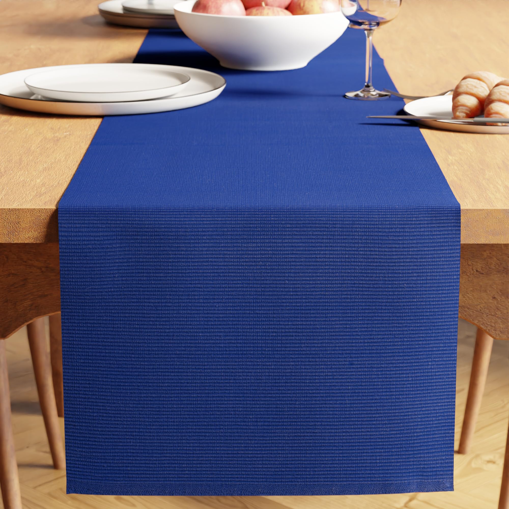 Encasa XO Dining Table Runner 32x200 cm | Yarn Dyed Fine Ribbed Cotton | Solid Blue | Machine Washable