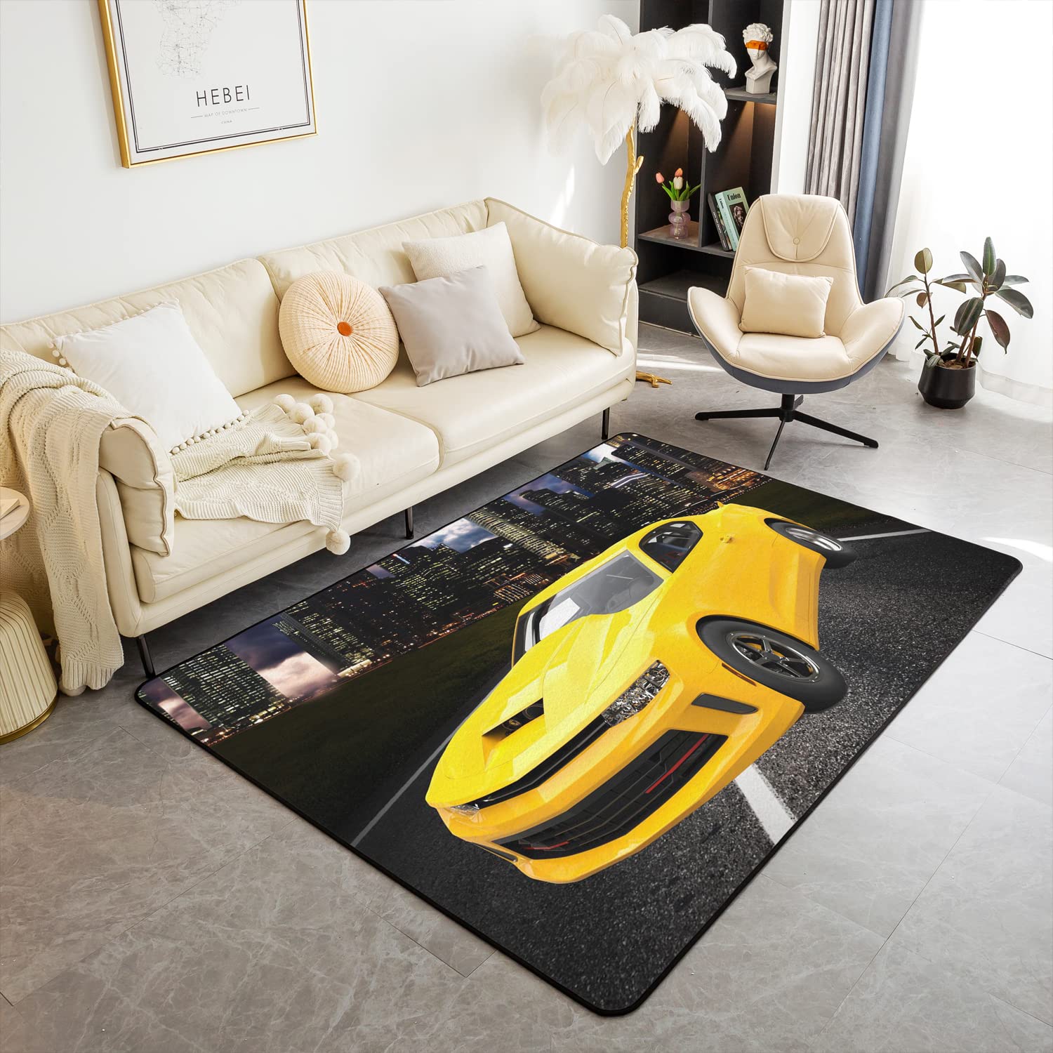 Race Sports Car Area Rug Extreme Sports Theme Living Room Rugs 3D Print Carpet Yellow Automobile Floor Mat Soft Cozy Carpet for Bedroom Living Room Decor 150 * 200cm โ image 1