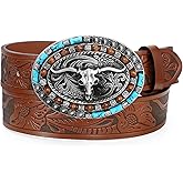 UpFind Western Leather Belt Cowboy Belt with Turquoise Buckle for Men Women Western Embossed Leather Belt for Jeans, Brown, Fit Waist Size 40‘’-43‘’